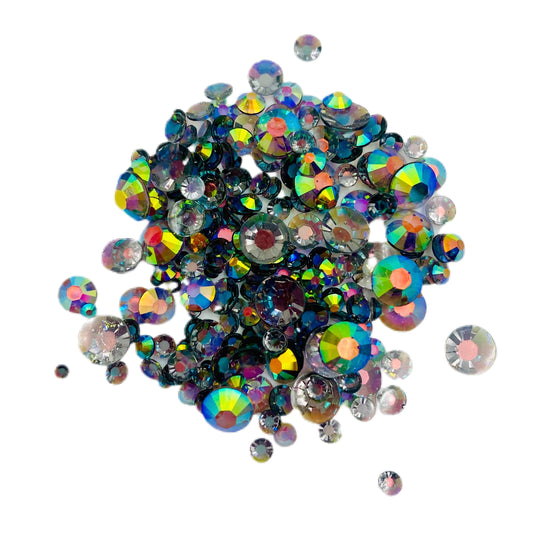 TRANSPARENT AB Resin / Jelly Round Flat Back Rhinestones  - Rainbow Black Licorice