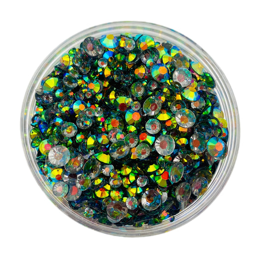 TRANSPARENT AB Resin / Jelly Round Flat Back Rhinestones  - Rainbow Black Licorice